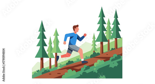 Energetic Runner Ascending Uphill Trail Through Serene Forest Nature Illustration