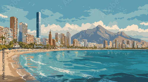 Cityscape of Benidorm, city of Spain, attractive touristic advertisement poster, beautiful touristic must-see destination. Beautiful tourist destination. Winter destination for elderly, senior people.