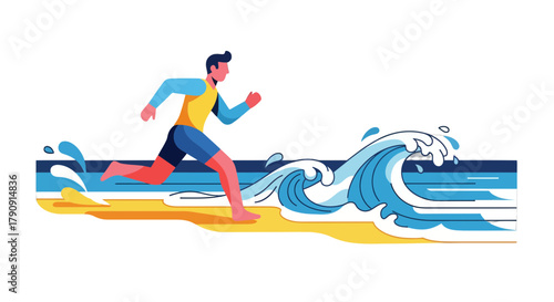 Energetic Runner Dodging Ocean Waves on Sandy Beach Vector Illustration