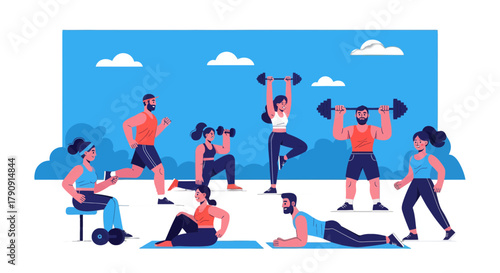 Diverse Group Engaging in Fitness Activities Under an Azure Sky with Minimalist Clouds