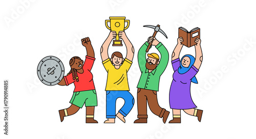 Diverse Group Holding Up Symbols Of Achievement And Success Against A Black Backdrop