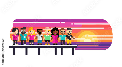 Diverse Group Joyfully Watching Sunset Together on the Seaside Wooden Docking