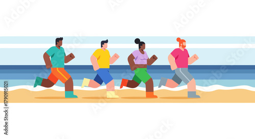 Diverse Group Joyfully Running On Sandy Beach Enjoying Outdoor Activity