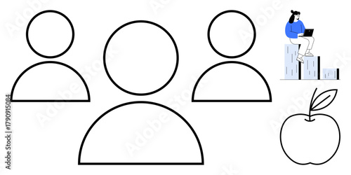 Outline of three user avatars, an apple symbolizing health, and a woman working on a laptop atop bar graphs. Ideal for teamwork, health, education, productivity, technology, strategy simple flat