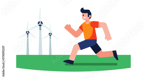 Energetic Runner Near Renewable Energy Source Under The Dark Night Sky Environment