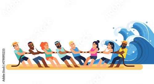 Diverse Group Tug Of War Against The Oceanic Force Depicting Unity With Illustration