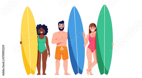 Diverse Group Smiling, Carrying Surfboards, Ready For Ocean Fun And Waves Action