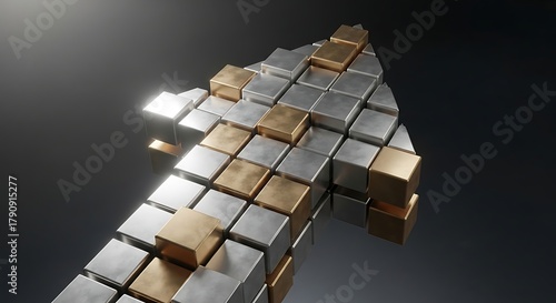 Visualize business growth with a dynamic upward arrow made of metallic blocks showing progress and success, ideal for marketing and professional presentations