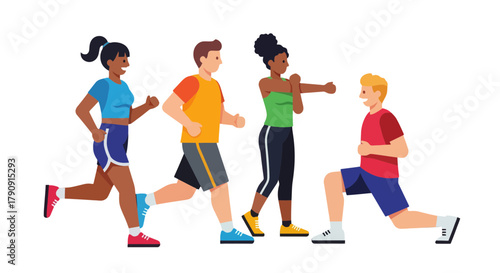 Diverse Group Undertaking Various Exercise Routines Against a Black Backdrop Illustration