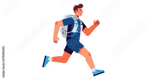 Energetic Runner Wearing Backpack Sprinting Against Black Background in Motion