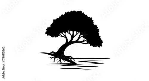 Black vector silhouette illustration of a nature tree with a bird, leaf, and branch outline design against a sunset sky