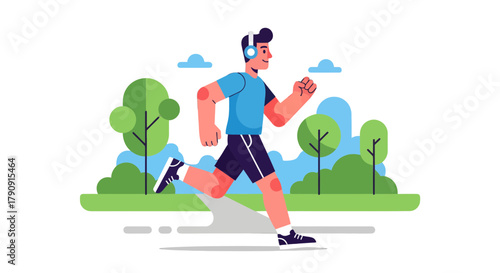 Energetic Runner Wearing Headphones Enjoying Workout Against A Green Park Backdrop Visualization