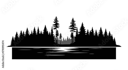 A silhouette of a church stands against a blue sunset sky over a snowy forest and mountain landscape