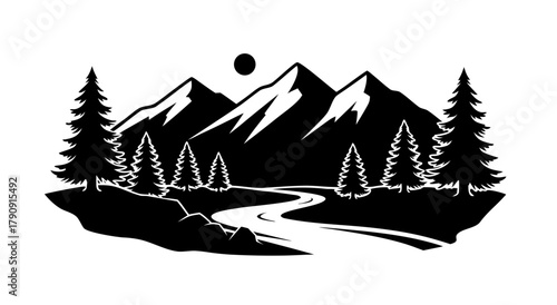 Vector illustration of a winter holiday landscape with a boat, Christmas tree, and snow mountain silhouette