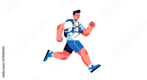 Energetic Runner With Backpack Sprinting Rapidly On A Dark Background To Explore