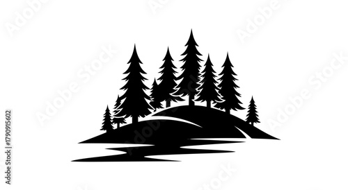 Winter forest silhouette vector illustration of a house with a Christmas tree and snow landscape design