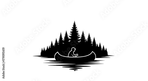Silent Journey: A tranquil silhouette depicts a lone person navigating a canoe, embracing the serenity of a calm lake surrounded by a dense, silhouetted forest.