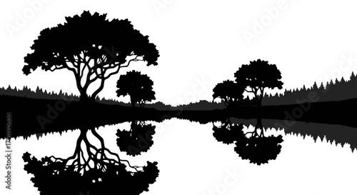 Serene Reflection: Majestic trees stand sentinel along the tranquil water, mirrored in the still water in a monochromatic landscape. A sense of peace and serenity fills the scene.