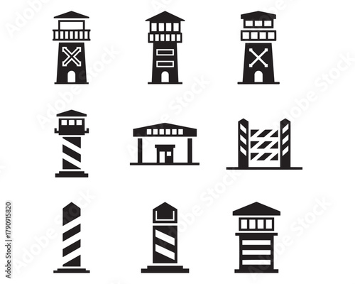 Security Border Icons Set Vector Guard Tower Checkpoint Gate