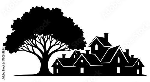 Silhouette of Serene Settlement: A tranquil neighborhood is showcased in silhouette, a large tree watches over a cluster of cozy homes, representing a serene and harmonious residential area.
