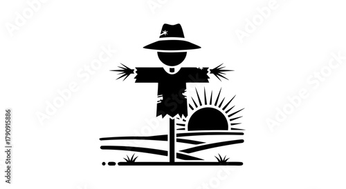 Scarecrow Symbol at Sunrise: A symbolic black and white illustration of a scarecrow, standing guard over a field with the sunrise, depicting rural simplicity.