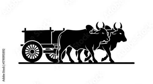 Silhouette of Ox Cart: A stark black and white depiction of a traditional ox cart being pulled by two powerful oxen, offering a glimpse into rustic transport.