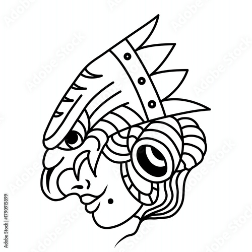 A black and white line art illustration depicts a stylized, fierce-looking face with intricate patterns, wearing a spiked, warrior-like helmet or headpiece.