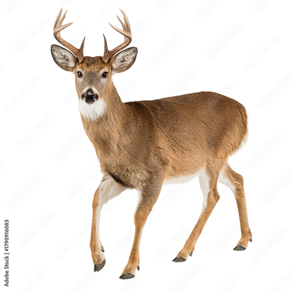 Fototapeta premium Png of full length of a whitetailed deer walking, isolated on transparent background, looking at camera in studio shot