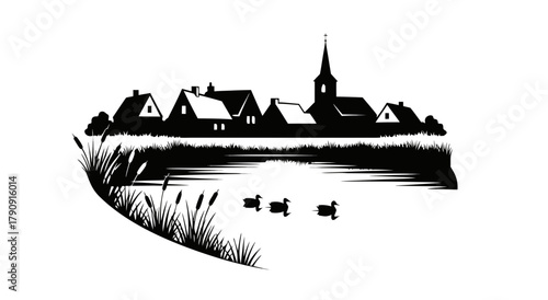 Vector illustration of a city church silhouette landmark and a cargo ship on the water under the skyline