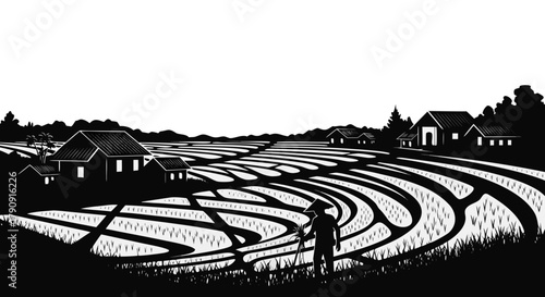 Farm silhouette: A tranquil scene unfolds featuring a single figure traversing a terraced rice field, with houses in the background creating a simple life harmony.