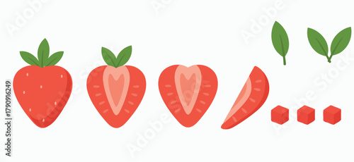 Srawberry cut set vector, whole fruit, halves, slice, cubes and leaves, flat red illustration for recipe, packaging, smoothie, dessert and kitchen design