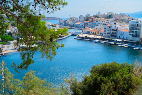 Fototapeta Naklejka Na Ścianę i Meble -  lake in harbour of Agios Nikolaos, Crete, Greece retro toned