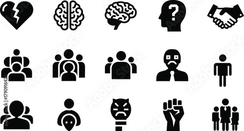 Collection of black and white icons representing emotions concepts and human interaction