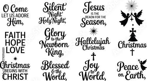 Collection of Christmas and Religious Phrases with Festive Icons O Come Let Us Adore Him Silent Night Holy Night