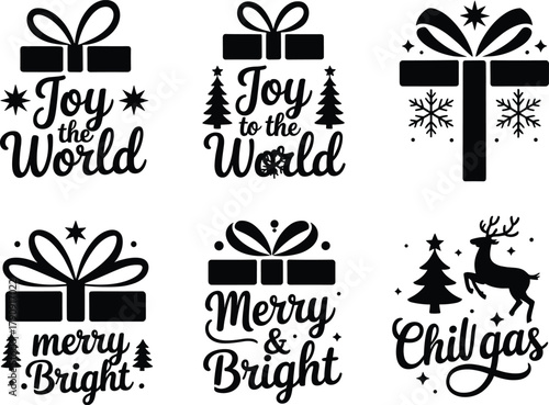 Christmas Phrases and Graphics with Gifts Trees and Reindeer Keywords: Christmas, holiday, joy the world, merry bright, chill gas, gifts, trees, snowflakes, reindeer, festive, celebration, winter