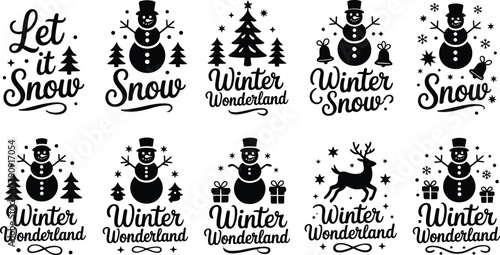 Winter Wonderland and Snowman Graphics with Festive Phrases silhouette illustration