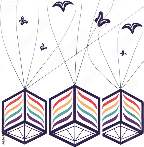 Whimsical geometric lanterns float skyward, carrying colorful stripes and tiny birds in a dreamlike abstract design