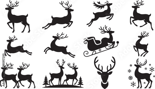 Dynamic Reindeer Silhouettes in Various Poses Including Sleigh and Headshot Keywords: reindeer, deer, christmas, holiday, silhouette, vector, animal, wildlife, winter, sleigh, sled, antler, head