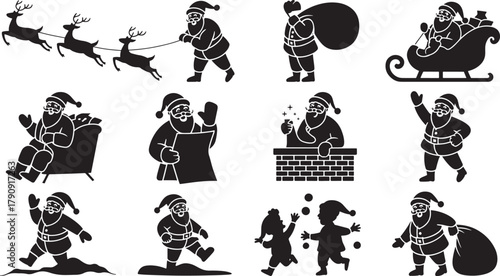 Set of Santa Claus and reindeer silhouette icons for Christmas and winter holidays Keywords: Santa Claus, reindeer, sleigh, chimney, gifts, sack, reading, snow, children, running, jumping