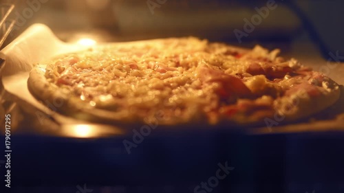 A delicious pizza baking inside a hot oven, with melting cheese bubbling on top and a golden-brown crust forming perfectly.
