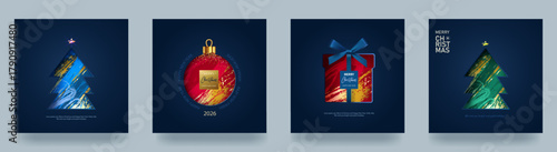 A set of Christmas and New Year s cards. Christmas trees, baubles, and gift boxes cut out of paper on a bright background. Elegant festive design for celebrating the winter holidays. Vector