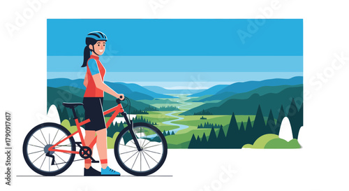Woman Pauses While Cycling, Enjoying Scenic Panorama With Mountainous Vistas