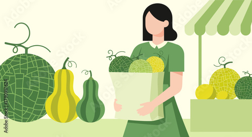 Woman Shopping For Fresh Melons And Vegetables At A Green Summer Market