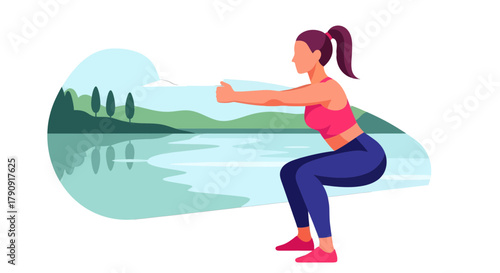 Woman Performing a Squat Exercise against a Scenic Lake and Nature Background