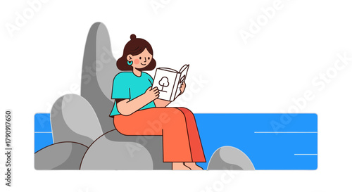 Woman Serene Moment: Reading Outdoors Amidst Natural Rock Formations and Coastal Setting