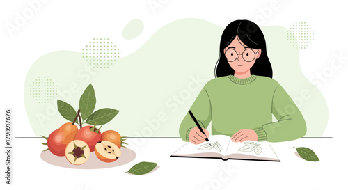 Woman Sketching Autumn Fruit Composition, Botanical Art, Creative Illustration Concept