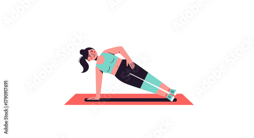 Woman Performing Side Plank Yoga Pose on Mat Isolated Against Black Background