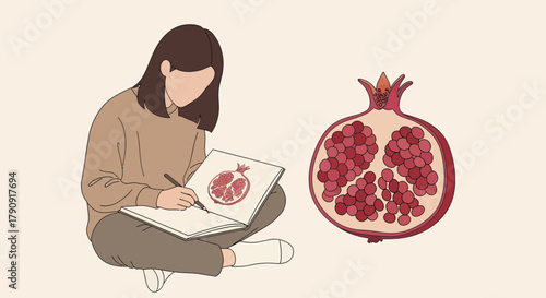 Woman Sketching Fruit Illustration: Artistic Pomegranate Study and Creative Drawing