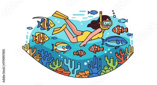 Woman Snorkeling Amongst Multicolored Fish Floating Underwater in Vivid Marine Habitat Graphics