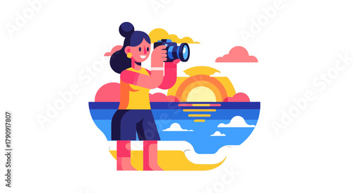 Woman Photographer Captures Seaside Sunset: Artistic Illustration on Black Background